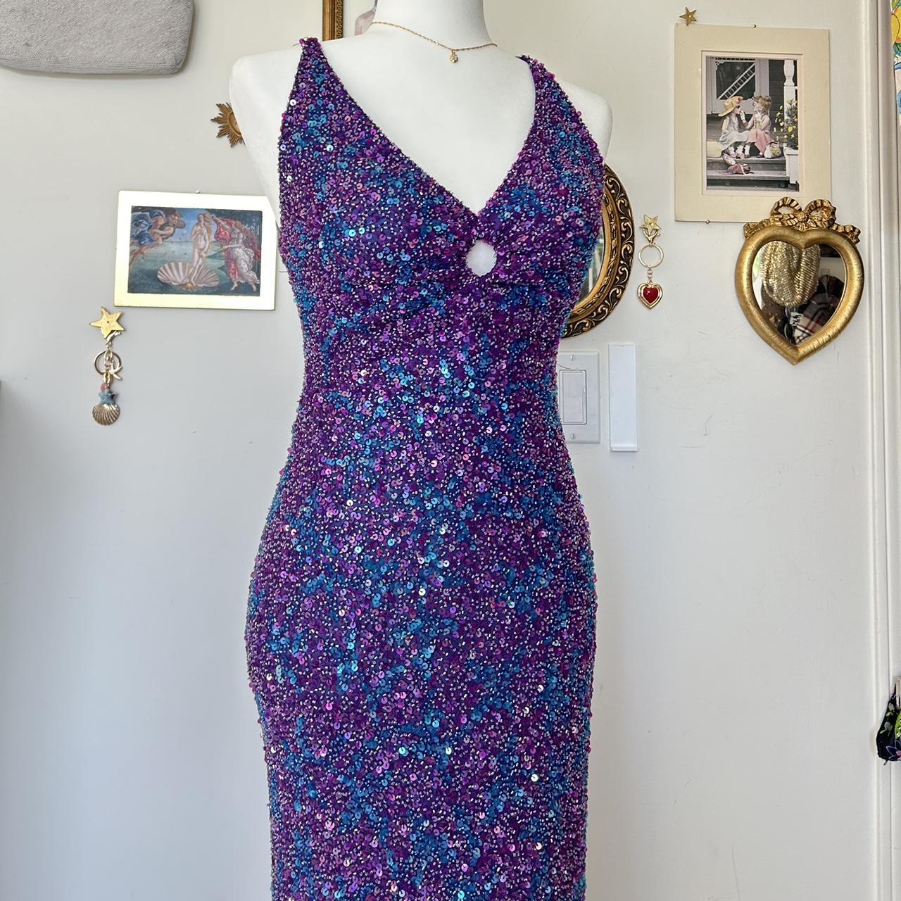 Robe de soirée longue à paillettes et perles violettes et bleues nv4243