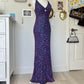 Robe de soirée longue à paillettes et perles violettes et bleues nv4243