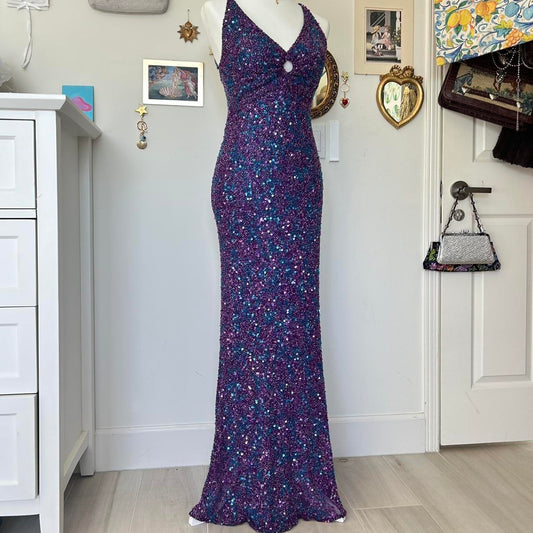 Lila Blau Perlen Pailletten Langes Ballkleid Abendkleid Partykleid nv4243