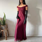 Robe de soirée vintage bordeaux taille haute, épaules dénudées, élégante, perlée, superbe, nv3751