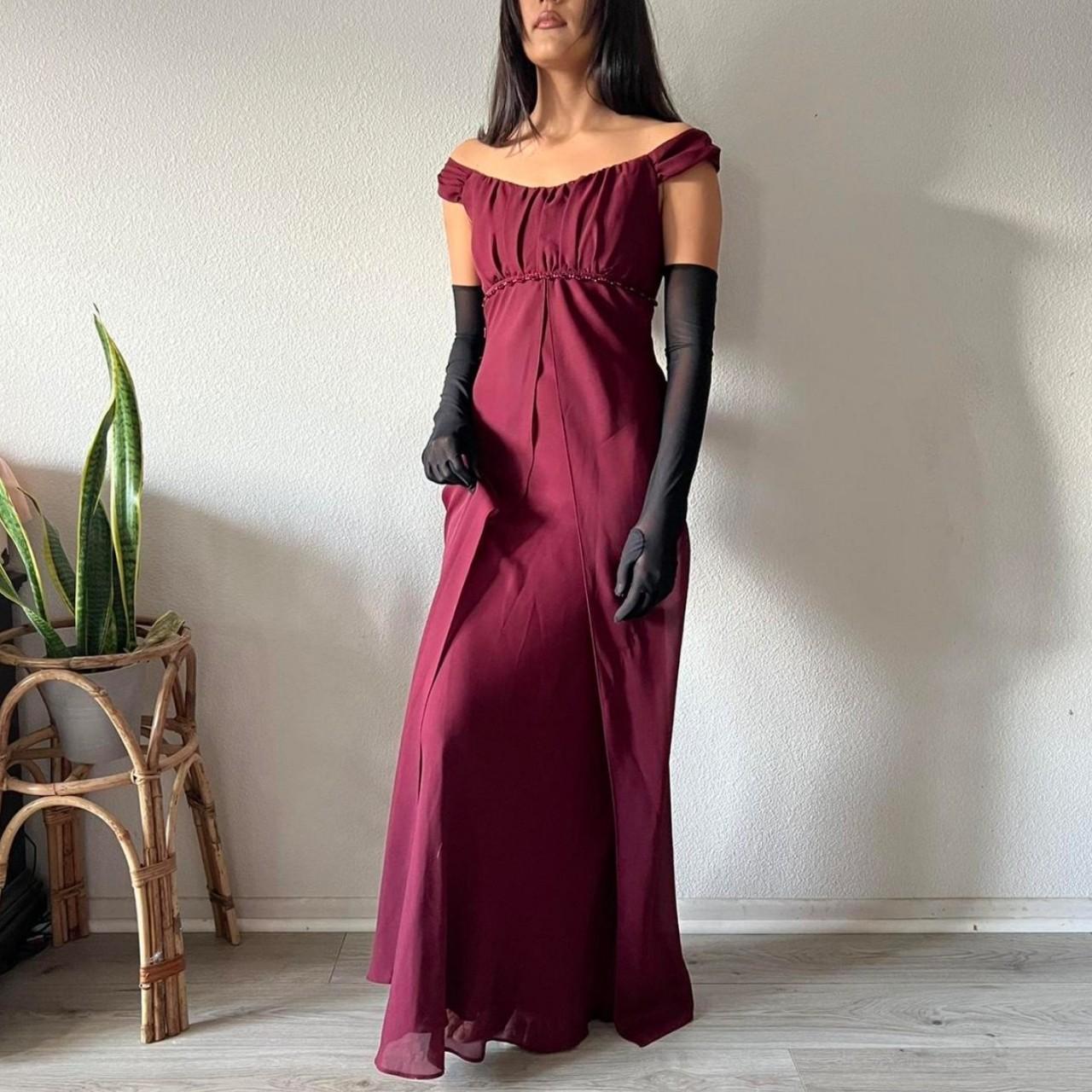 Robe de soirée vintage bordeaux taille haute, épaules dénudées, élégante, perlée, superbe, nv3751