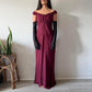 Robe de soirée vintage bordeaux taille haute, épaules dénudées, élégante, perlée, superbe, nv3751