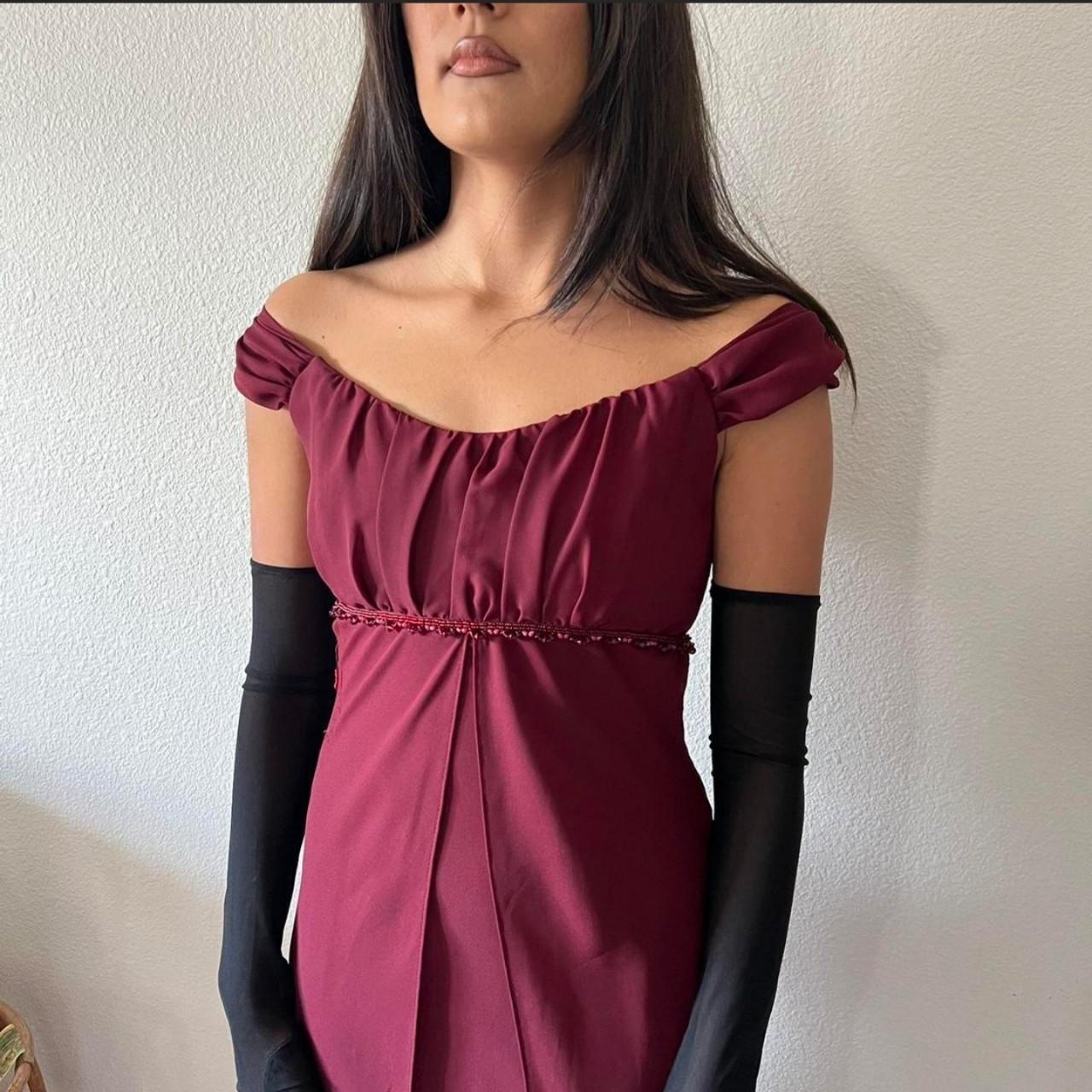 Robe de soirée vintage bordeaux taille haute, épaules dénudées, élégante, perlée, superbe, nv3751