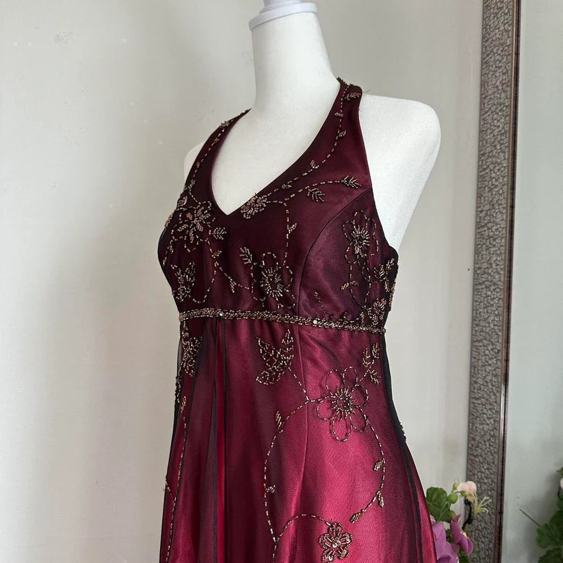 Robe de soirée longue en satin et tulle bordeaux, magnifique, élégante, avec perles exquises, bretelles, nv3974