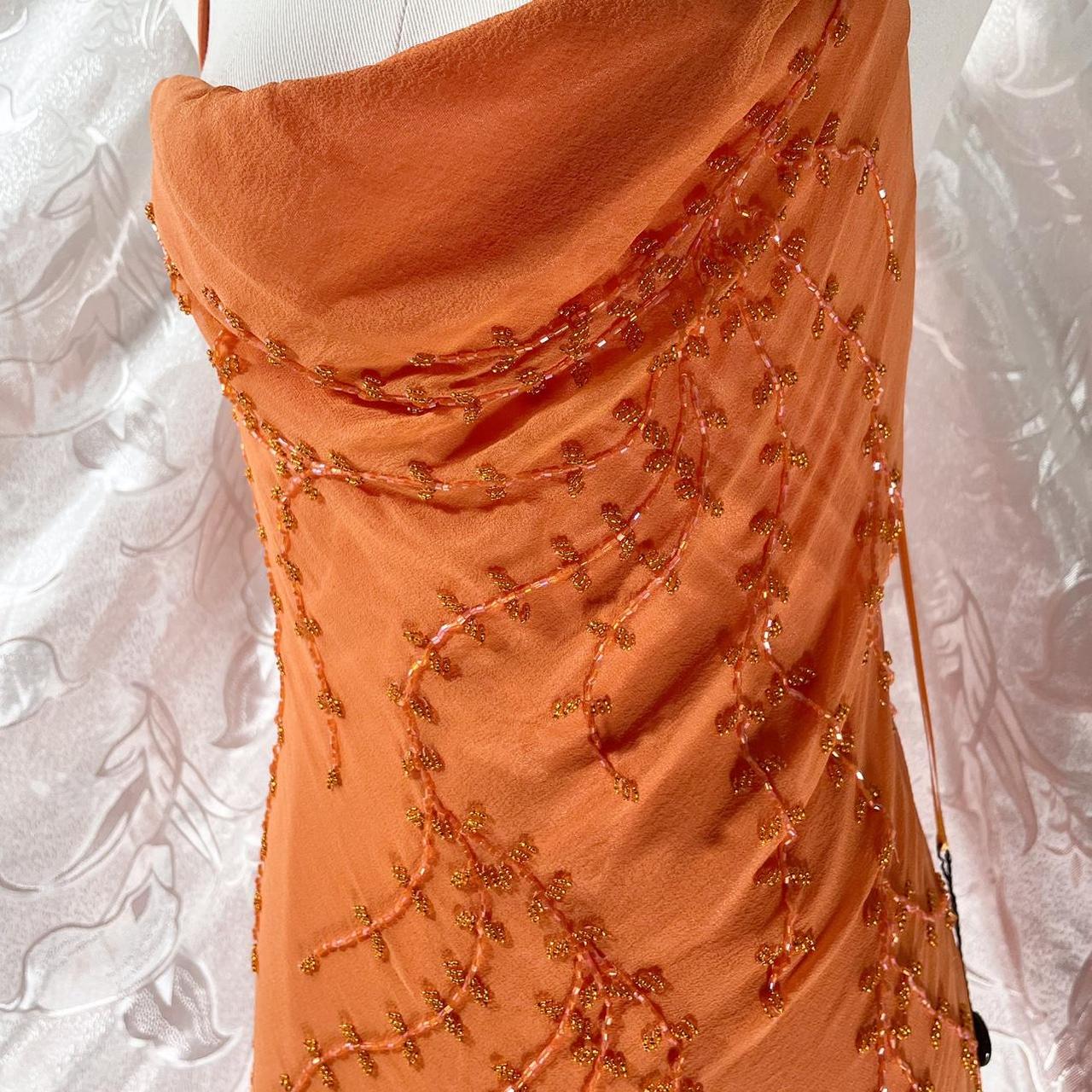 Orangefarbenes, exquisites, perlenbesetztes Spaghettiträger-Lang-Chiffon-Feenkleid, Ballkleid NV5413