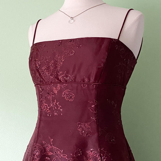 Robe longue à fleurs bordeaux rouge vintage en tulle pour femme NV5646