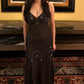 Robe de soirée longue en mousseline de soie marron et noire, exquise, à bretelles spaghetti perlées, pour femme, robe de bal, robe de soirée nv3744