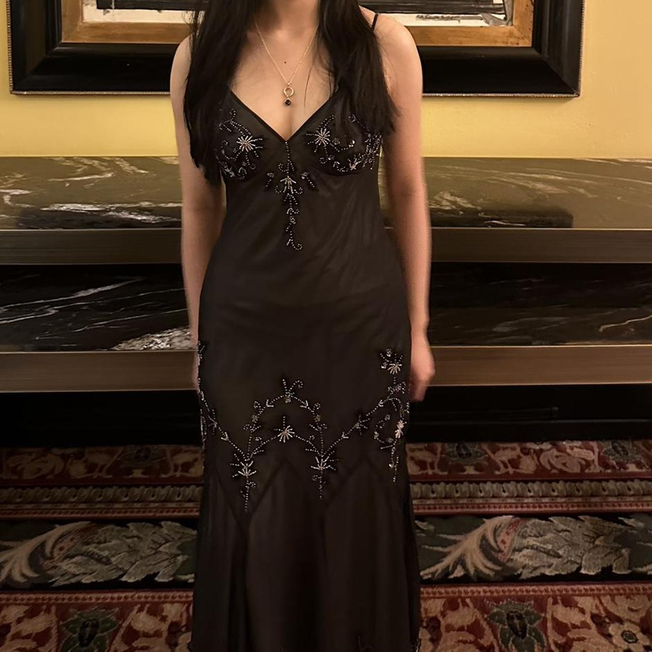 Robe de soirée longue en mousseline de soie marron et noire, exquise, à bretelles spaghetti perlées, pour femme, robe de bal, robe de soirée nv3744