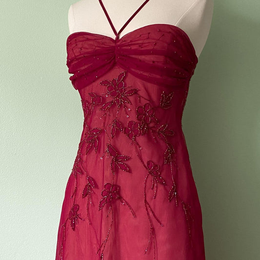 NiceVestidos - Robe de bal longue en mousseline de soie rose vintage exquise et perlée NV5656
