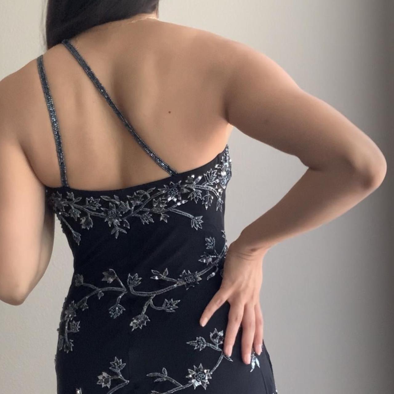 Robe de soirée longue en mousseline de soie, asymétrique épaule dénudée, perles exquises, marron/noir, nv3661
