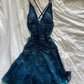 Marineblaues, kurzes, exquisites Chiffon-Heimkehrkleid mit Perlen, Partykleid nv5244