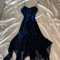 Robe de bal longue en mousseline de soie bleu marine à bretelles spaghetti brillantes, robe de soirée d'anniversaire, robe de soirée nv5388