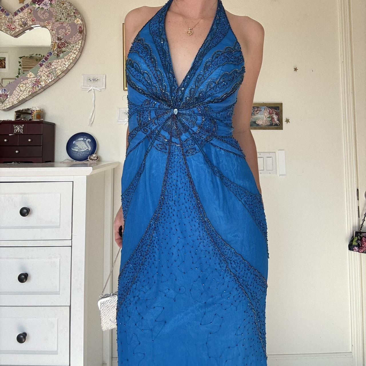 Blaues, funkelndes, langes Ballkleid mit Perlen, Abendkleid, Partykleid, nv4681