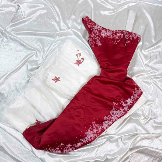 Robe de bal longue en satin et tulle à fleurs délicates blanc/rouge, style années 90, nv5372