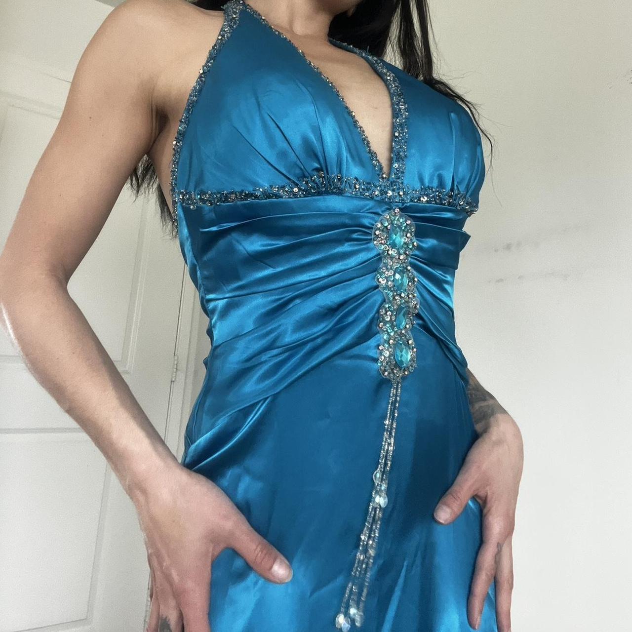Robe de soirée longue en satin bleu vintage avec strass et col licou, nv4664