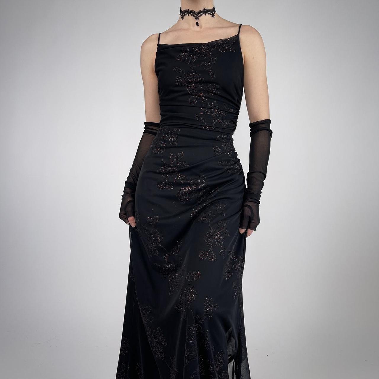 Robe de soirée longue et élégante en mousseline de soie, noire, brillante, vintage, à la mode, exquise, à bretelles spaghetti, à volants, robe de bal, robe de soirée, robe de bal nv3756