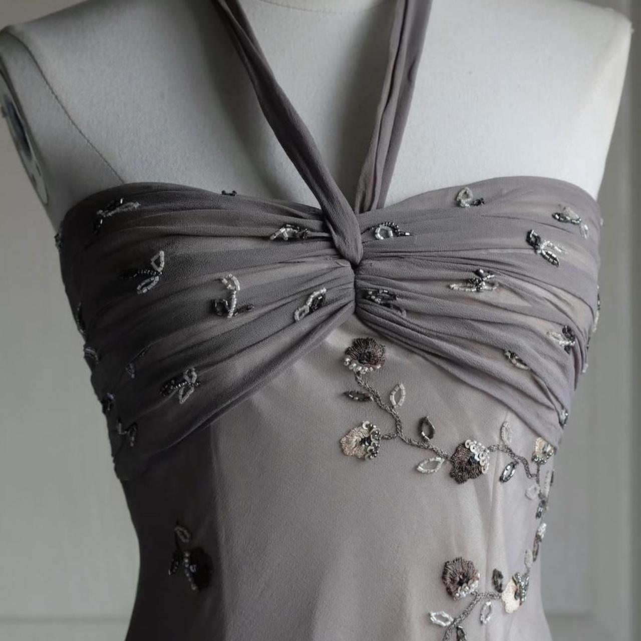 🧚🏼‍♂️Robe de soirée vintage gris chaud Y2K, style bohème, florale, brodée de perles, dos nu, robe de bal, robe de soirée, robe d'invité de mariage, nv4405