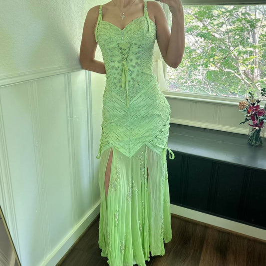 Grünes wunderschönes exquisites Perlen-langes Chiffon-Ballkleid-Abendkleid-Partykleid NV4614