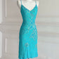 Turquoise homecoming dress vintage y2k fairy boho floral beaded sequin embroidery midi chiffon suspender dress prom dress evening gown party dress nv4411