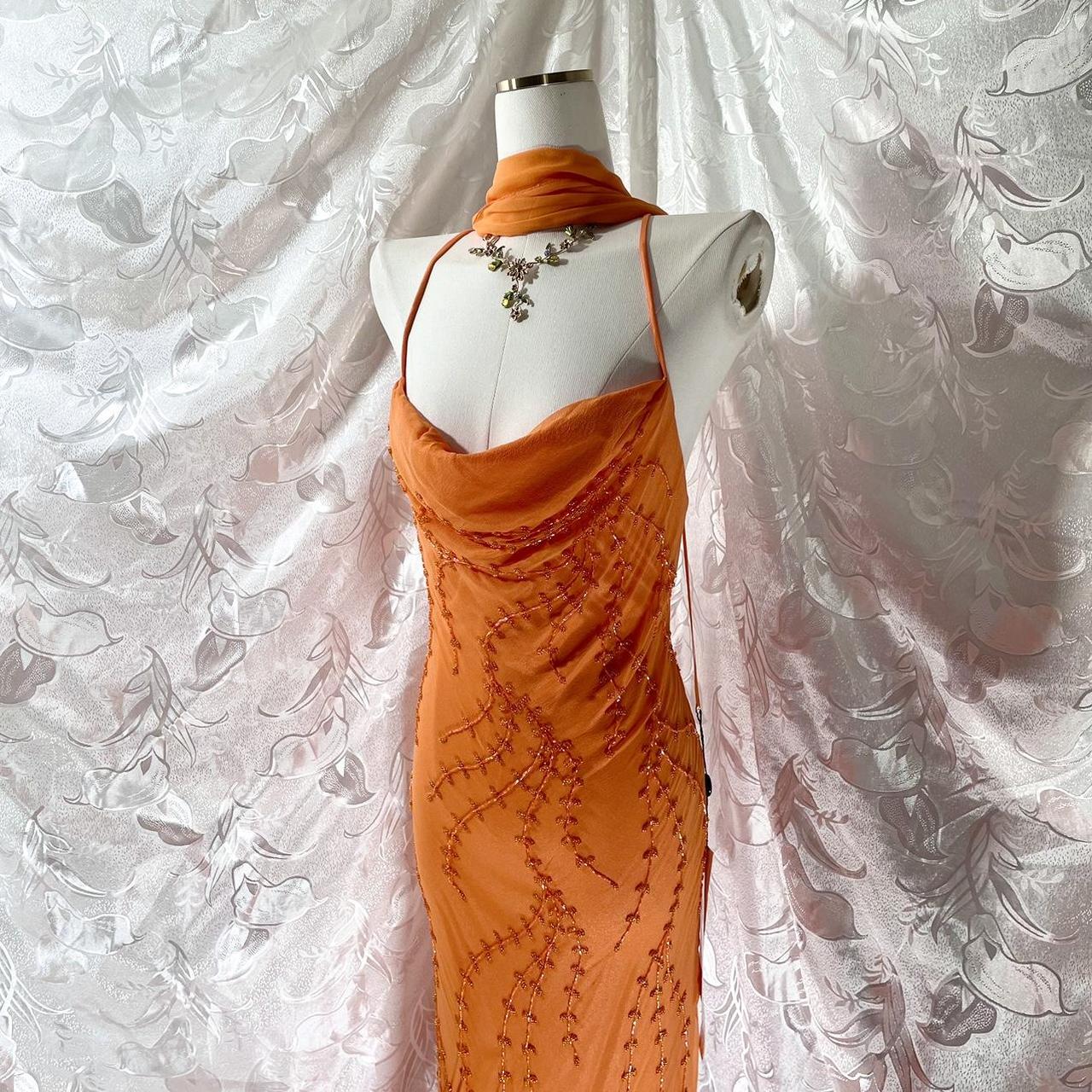 Orangefarbenes, exquisites, perlenbesetztes Spaghettiträger-Lang-Chiffon-Feenkleid, Ballkleid NV5413