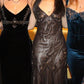 Robe de soirée longue en mousseline de soie marron et noire, exquise, à bretelles spaghetti perlées, pour femme, robe de bal, robe de soirée nv3744