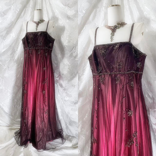 Burgunderrotes, exquisites, perlenbesetztes, langes Chiffon-Feenkleid, Ballkleid NV5416