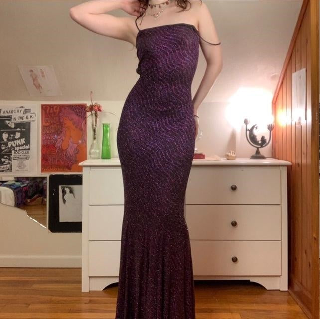 Robe de soirée longue à paillettes et bretelles spaghetti, élégante et brillante, violette, nv3640