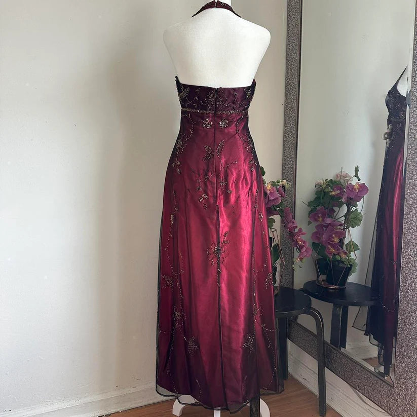 Robe de soirée longue en satin et tulle bordeaux, magnifique, élégante, avec perles exquises, bretelles, nv3974