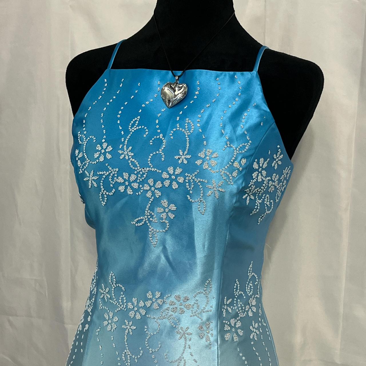 Blau Vintage Mode Gradienten Floral Perlen Elegante Lange Satin Party Kleid Abendkleid Ballkleid nv4600