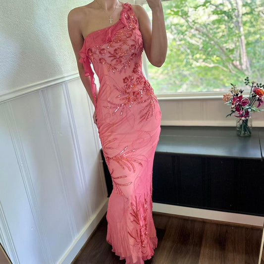 Rosa Wunderschöne Exquisite Blumen Perlen Lange Chiffon Ballkleid Abendkleid Partykleid nv4612