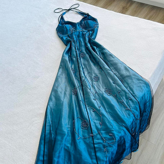 Robe de soirée longue en satin bleu dégradé, élégante et élégante, avec perles, style vintage, nv4583