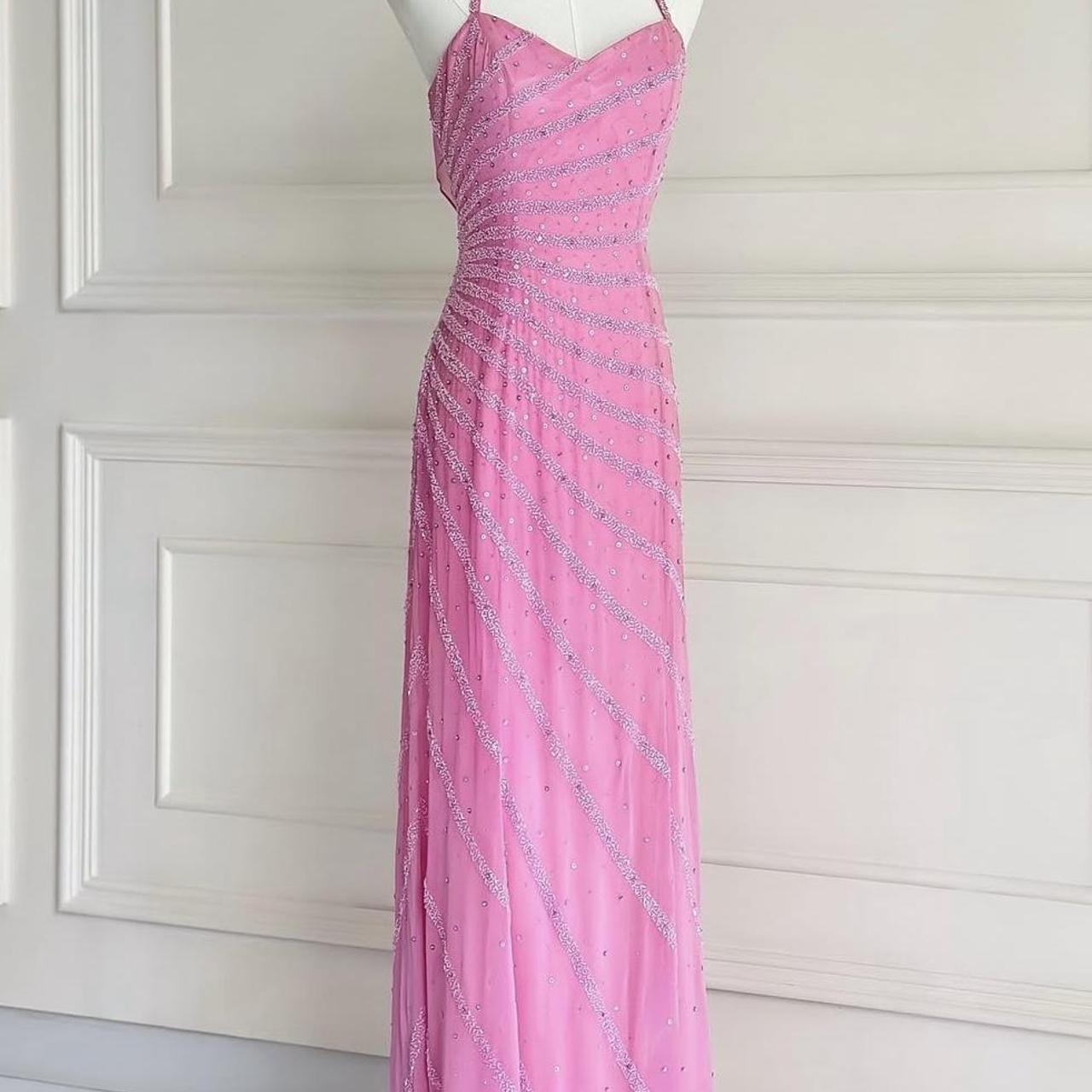 Robe de soirée vintage rose style bohème années 90, broderie de perles de cristal, décolleté en cœur, longue, robe de bal, robe de soirée, nv4409