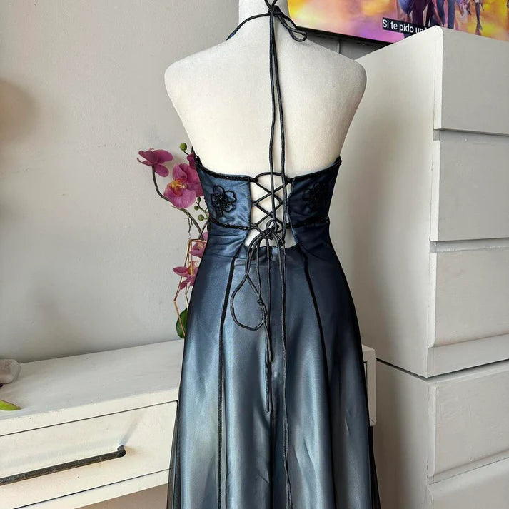 Robe de soirée longue en tulle bleu, magnifique, vintage, élégante, exquise, avec bretelles perlées, robe de bal, robe de soirée, robe de bal, nv4247