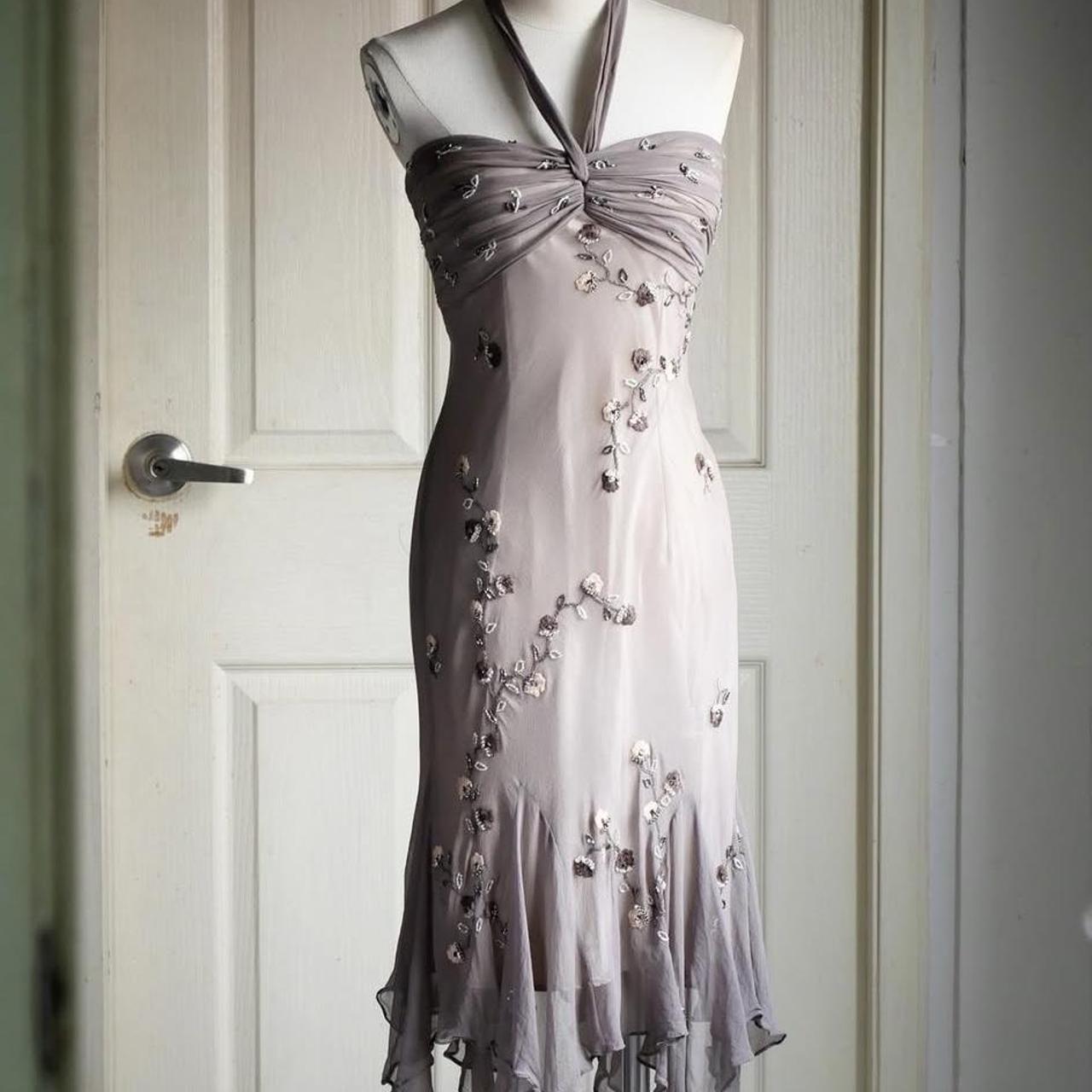 🧚🏼‍♂️Robe de soirée vintage gris chaud Y2K, style bohème, florale, brodée de perles, dos nu, robe de bal, robe de soirée, robe d'invité de mariage, nv4405