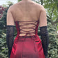 NiceVestidos-Burgunderfarbenes, ärmelloses, bodenlanges Gothic-Kleid aus Satin mit Perlenbesatz, NV6178