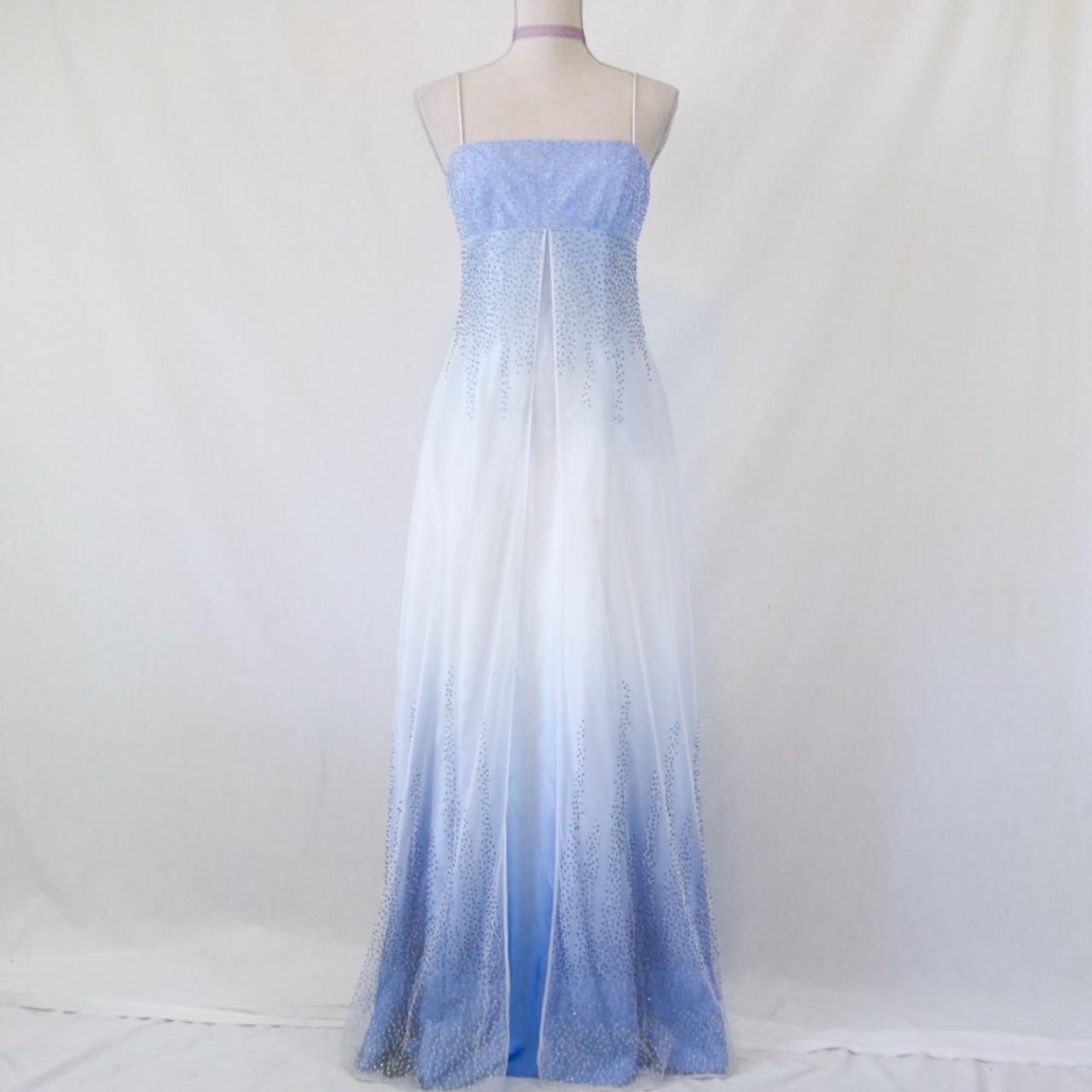 💙 Empire-Kleid, Vintage, hellblau, glitzernd, Ombre, Perlen, hohe Taille, langer Tüll, formelles Ballkleid, Abendkleid, Partykleid, nv4984