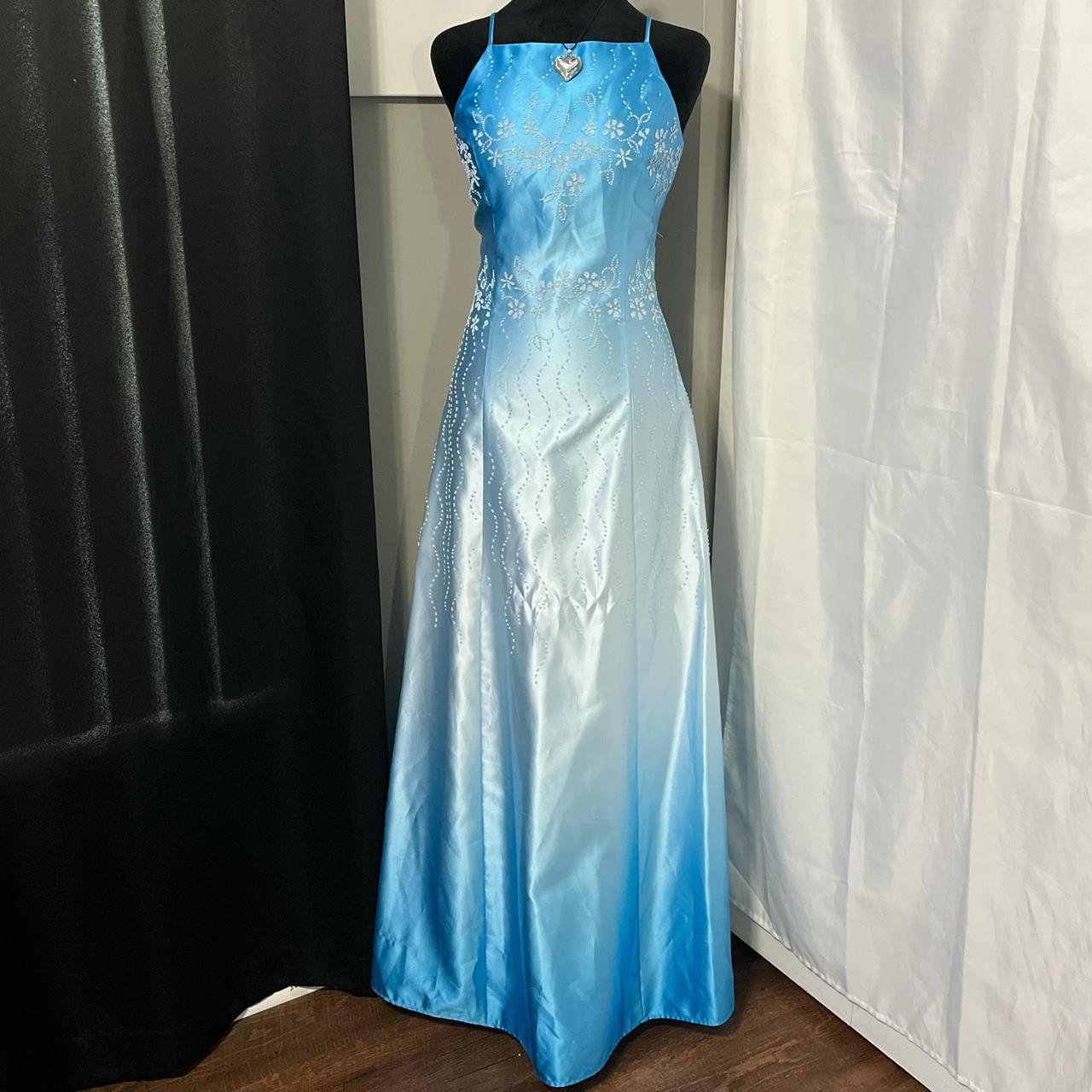 Blau Vintage Mode Gradienten Floral Perlen Elegante Lange Satin Party Kleid Abendkleid Ballkleid nv4600