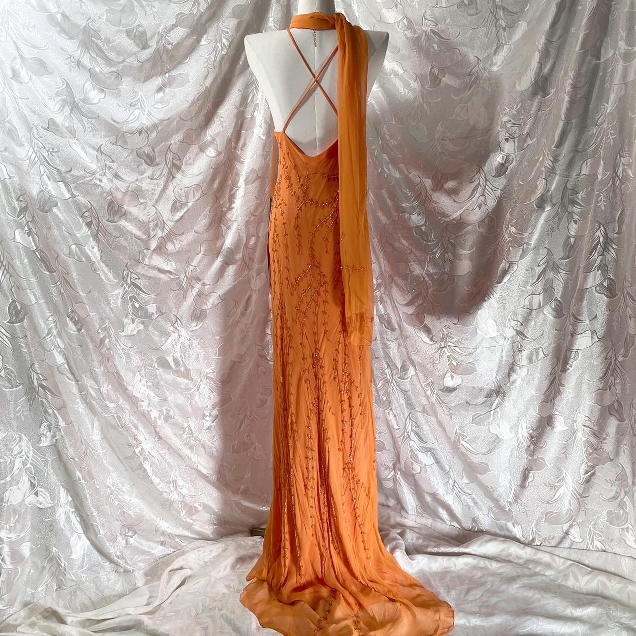 Orangefarbenes, exquisites, perlenbesetztes Spaghettiträger-Lang-Chiffon-Feenkleid, Ballkleid NV5413