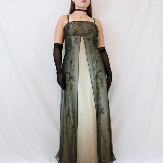 ✨ Empire-Kleid, Vintage, Grün und Gold, Blumenmuster, Glitzer, Ombre, Perlen, hohe Taille, langer Tüll, formelles Ballkleid, Abendkleid, Partykleid, nv4982