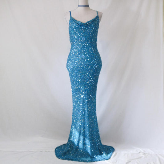 Vintage Aquablaues, langes, formelles Ballkleid mit Pailletten, Abendkleid, Partykleid nv4986