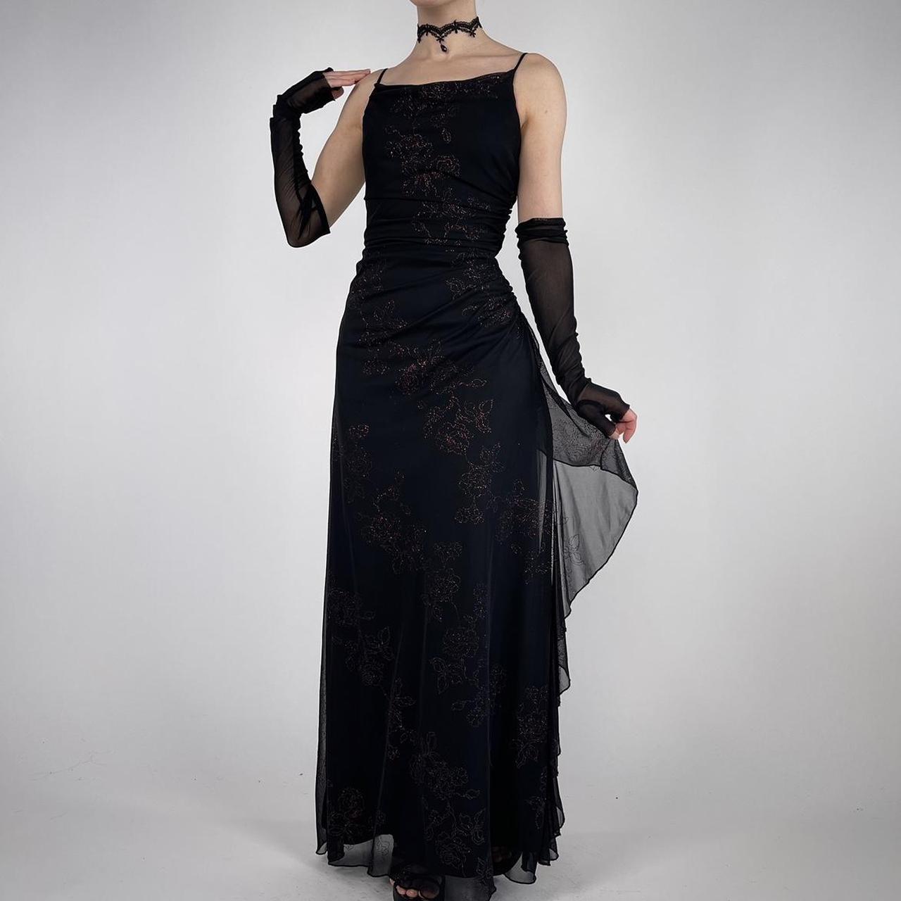 Robe de soirée longue et élégante en mousseline de soie, noire, brillante, vintage, à la mode, exquise, à bretelles spaghetti, à volants, robe de bal, robe de soirée, robe de bal nv3756