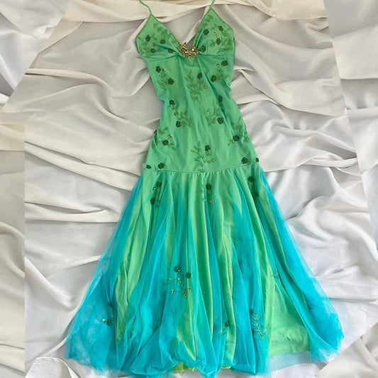 Robe sirène dos nu en mousseline de soie, élégante, longue, bleu-vert, style déesse du clair de lune, avec perles, pour anniversaire, bal, soirée, retour à la maison, nv4531