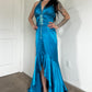 Robe de soirée longue en satin bleu vintage avec strass et col licou, nv4664