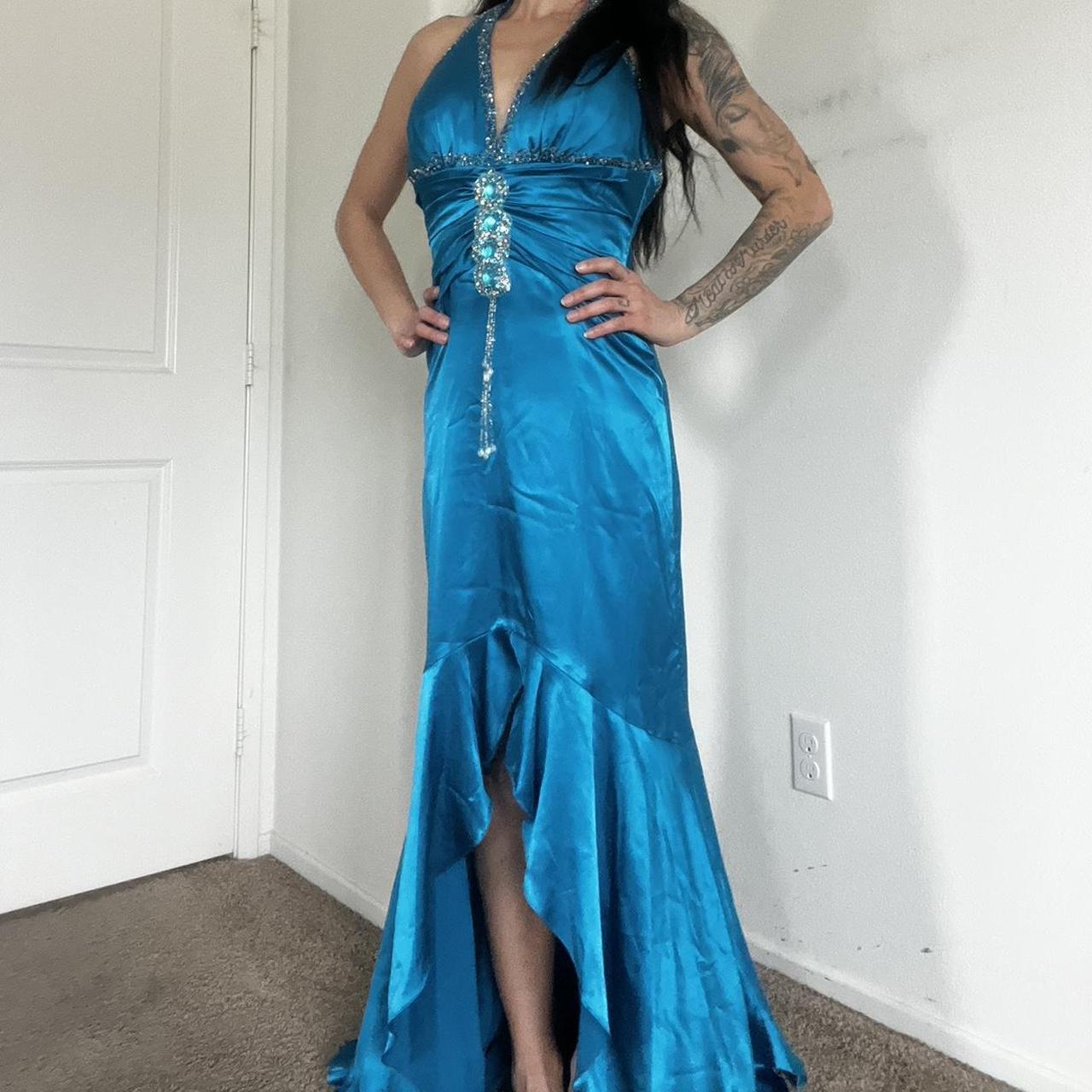 Robe de soirée longue en satin bleu vintage avec strass et col licou, nv4664