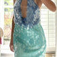Robe de cocktail courte à paillettes bleu vert brillant nv5342