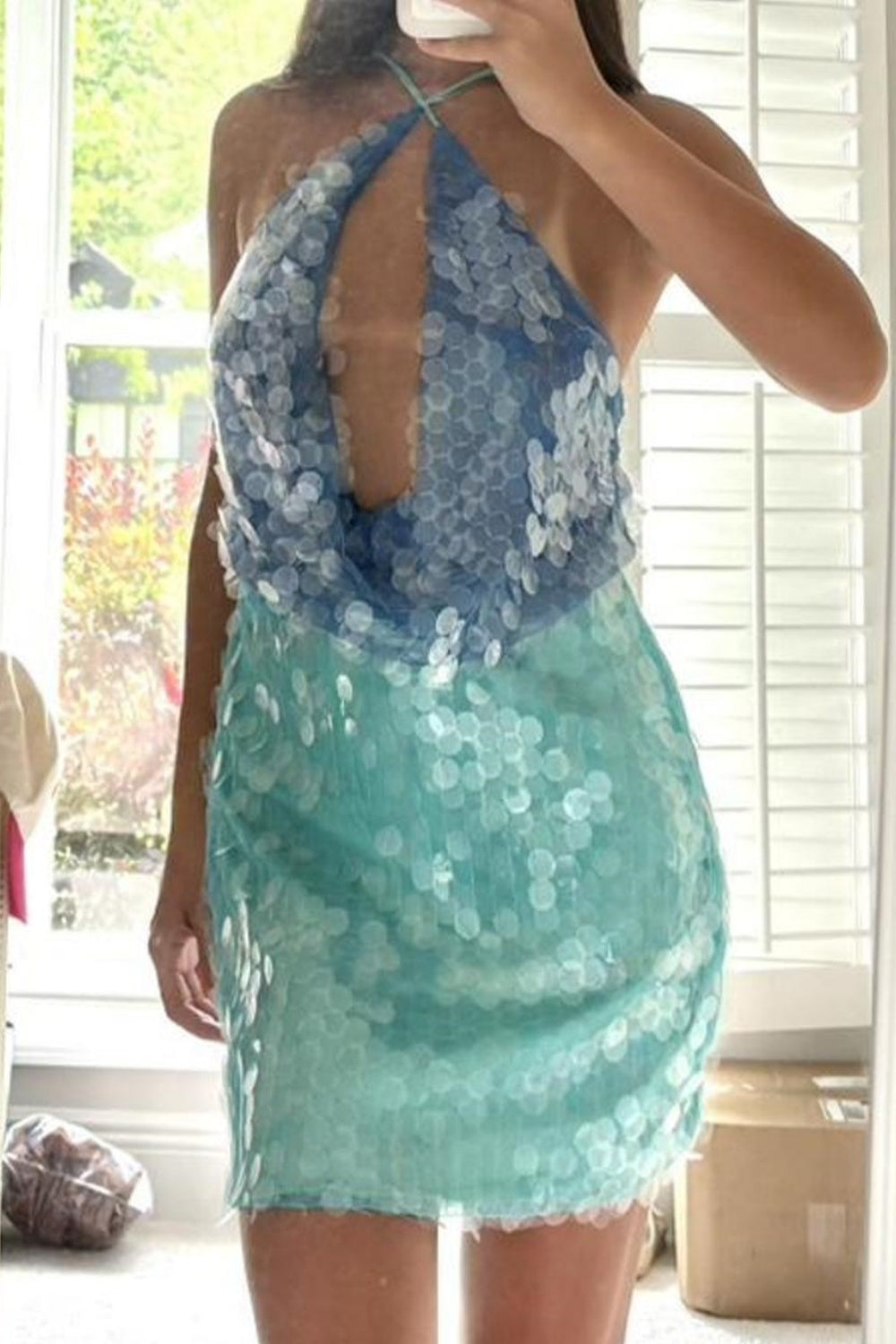 Robe de cocktail courte à paillettes bleu vert brillant nv5342