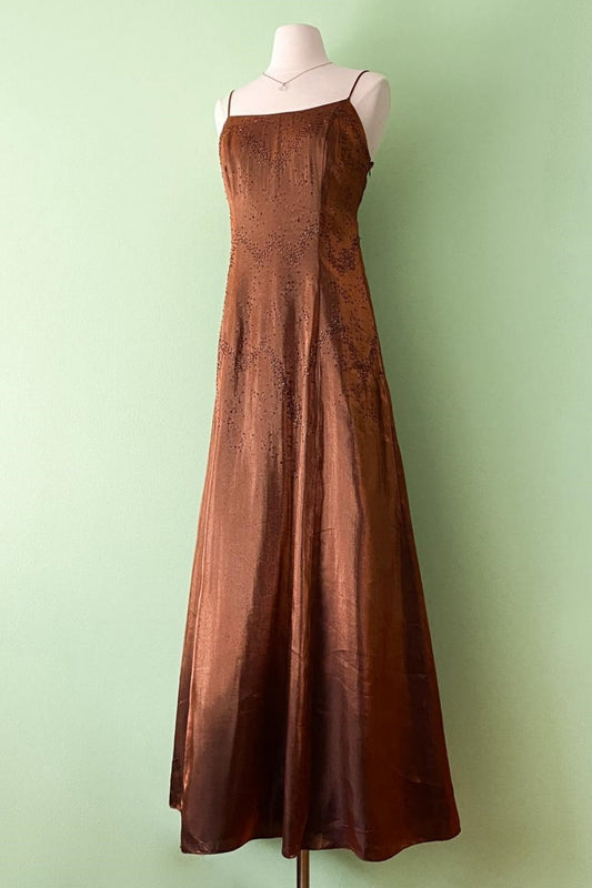 NiceVestidos - Robe longue en satin marron à perles, style vintage, pour femme, NV5650
