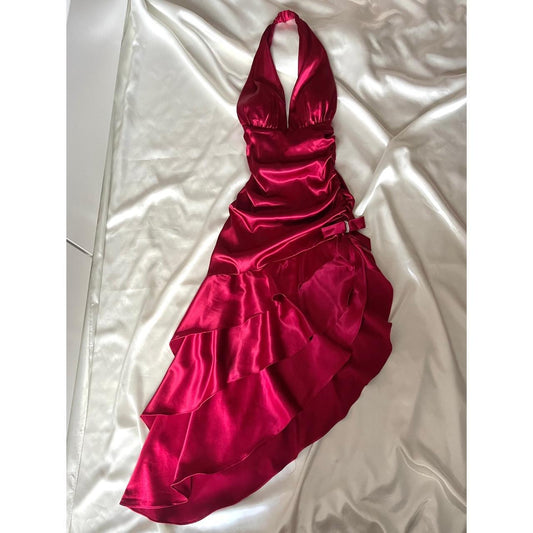 ❤️ Robe rouge rétro scintillante avec décolleté licou, courte robe de soirée asymétrique à volants, robe de fête d'anniversaire nv5386