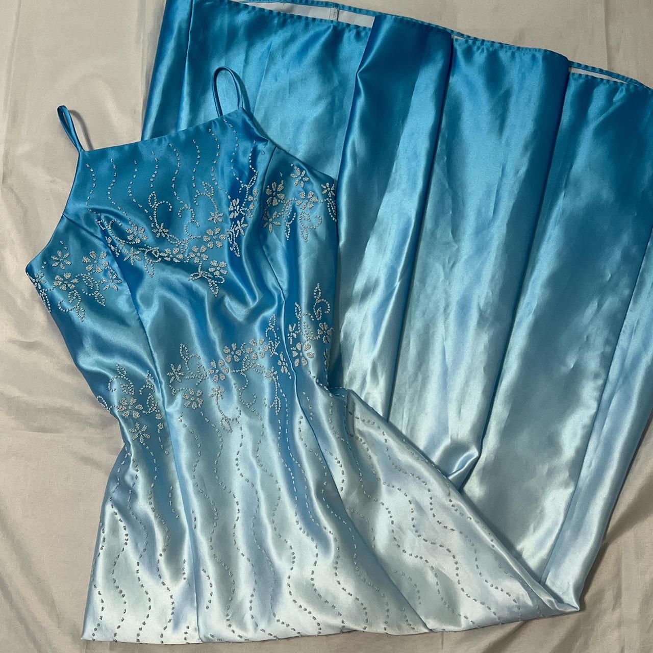 Blau Vintage Mode Gradienten Floral Perlen Elegante Lange Satin Party Kleid Abendkleid Ballkleid nv4600