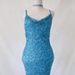 Robe de soirée longue vintage bleu aqua ornée de perles et de paillettes nv4986